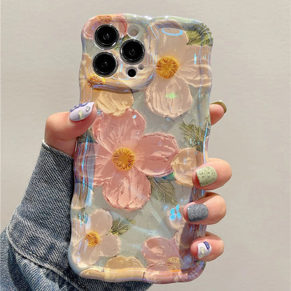 Retro Oil Painting iPhone Case – Luxury Flower Print Shockproof Silicone Cover for iPhone 11–16 Pro Max, Artistic Design