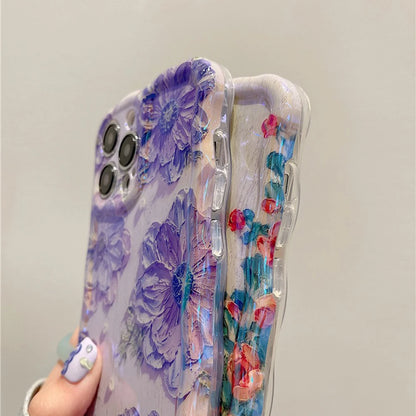 Retro Oil Painting iPhone Case – Luxury Flower Print Shockproof Silicone Cover for iPhone 11–16 Pro Max, Artistic Design