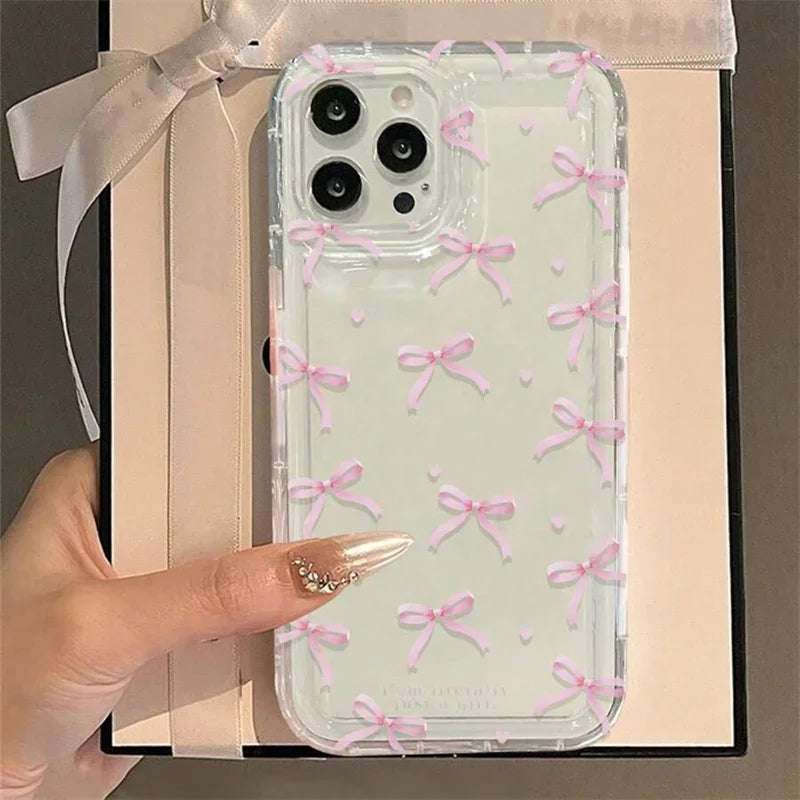 🌸Cute Pink Heart Bow iPhone Case 🌸 – Shockproof Soft Clear Cover for iPhone 11–17 Series, Mini, Pro Max, and Air