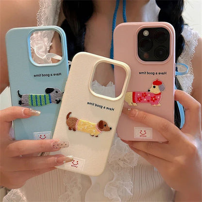 Cute Korean Dachshund iPhone Case – Litchi Pattern Soft Shockproof Cover for iPhone 11–16 Series, Pro Max