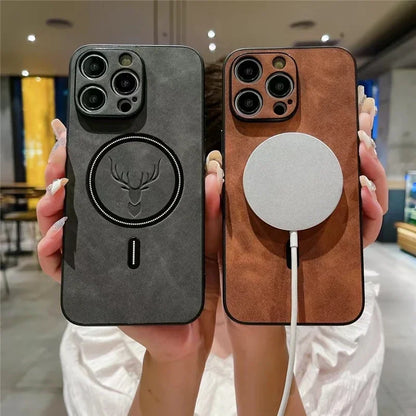 Magnetic Leather iPhone Case – Deer Head Design, Soft Shockproof Cover with Wireless Charging for iPhone 11–16 Series, Pro Max