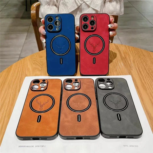 Magnetic Leather iPhone Case – Deer Head Design, Soft Shockproof Cover with Wireless Charging for iPhone 11–16 Series, Pro Max