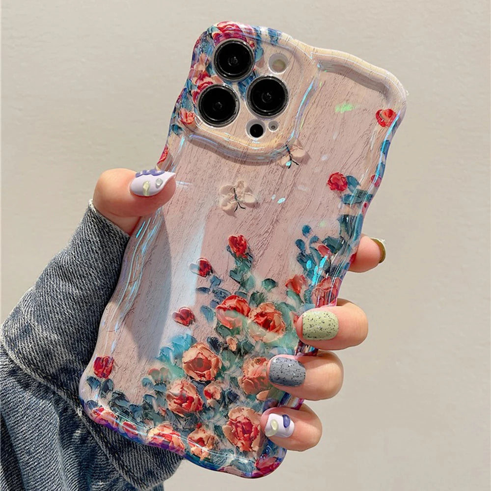 Retro Oil Painting iPhone Case – Luxury Flower Print Shockproof Silicone Cover for iPhone 11–16 Pro Max, Artistic Design