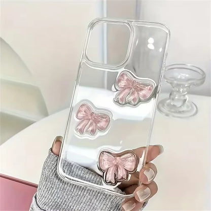 Korean Cute 3D Pink Bowknot Clear Phone Case For iPhone 16 15 14 13 12 11 Pro Max 7 8 Plus X XR XS Shockproof Transparent Cover
