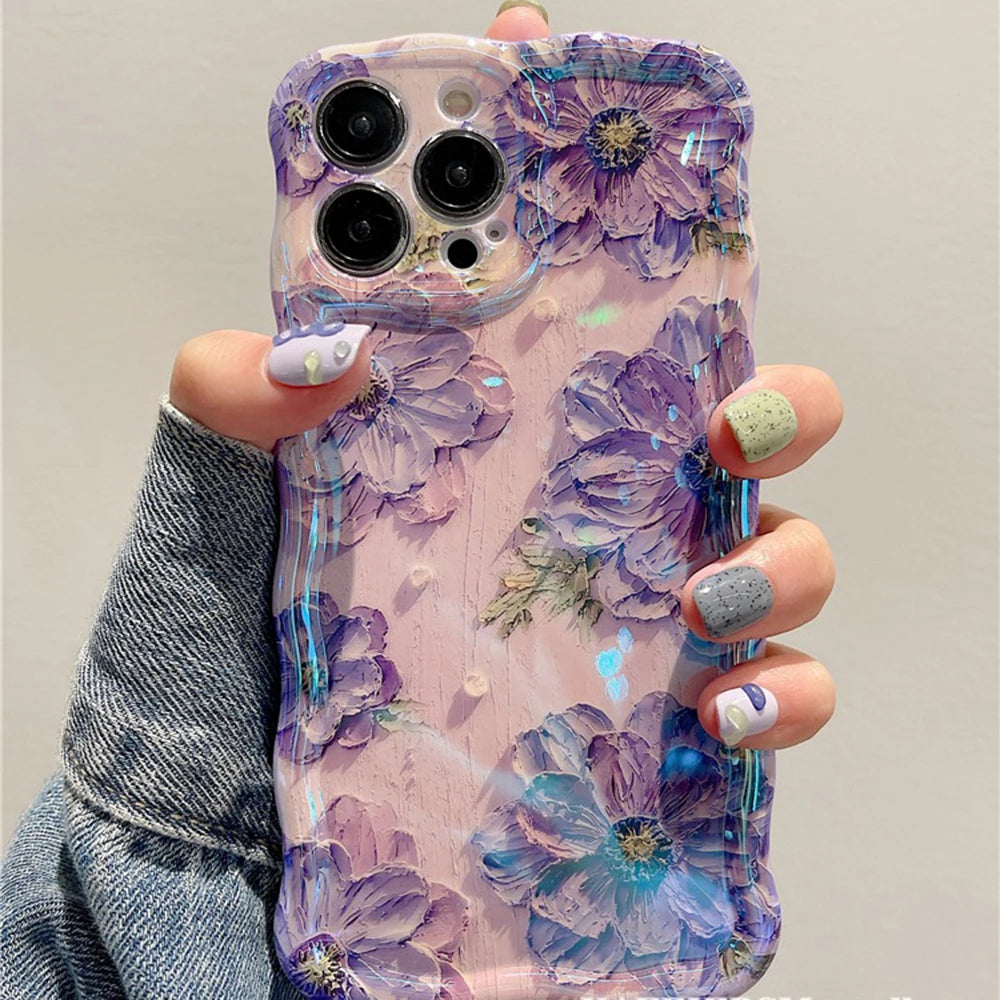 Retro Oil Painting iPhone Case – Luxury Flower Print Shockproof Silicone Cover for iPhone 11–16 Pro Max, Artistic Design