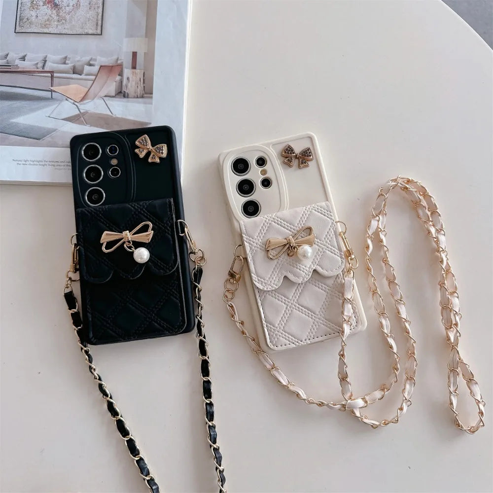 **3D Bowknot Crossbody Wallet Case** – Cute Card Holder Soft Cover for Samsung Galaxy S25/S24/S23/S22+/S21/S20 FE & Note 20