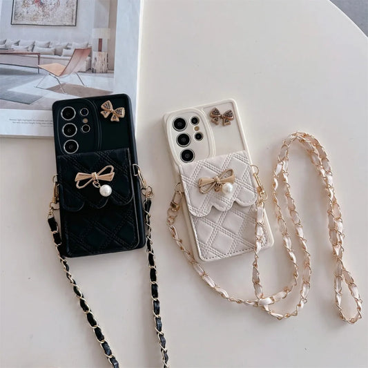 **3D Bowknot Crossbody Wallet Case** – Cute Card Holder Soft Cover for Samsung Galaxy S25/S24/S23/S22+/S21/S20 FE & Note 20