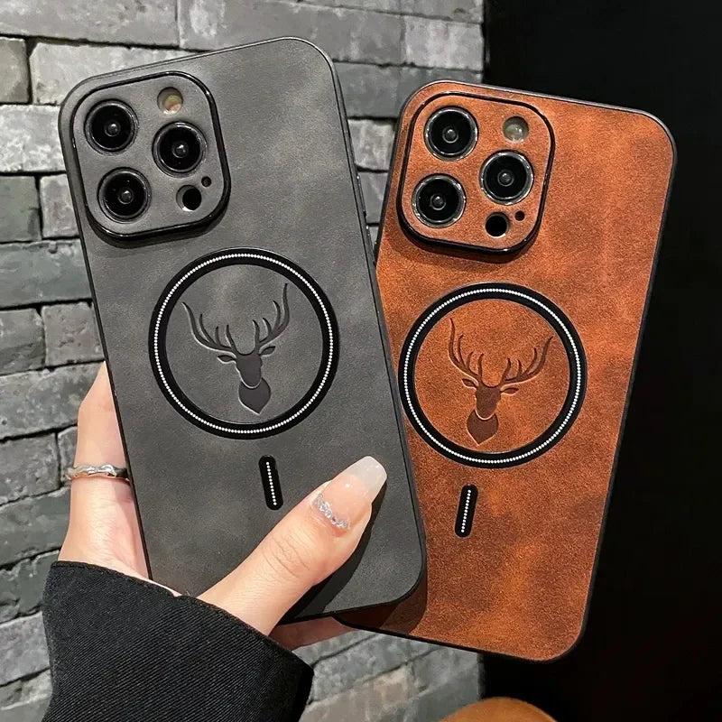 Magnetic Leather iPhone Case – Deer Head Design, Soft Shockproof Cover with Wireless Charging for iPhone 11–16 Series, Pro Max