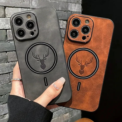 Magnetic Leather iPhone Case – Deer Head Design, Soft Shockproof Cover with Wireless Charging for iPhone 11–16 Series, Pro Max