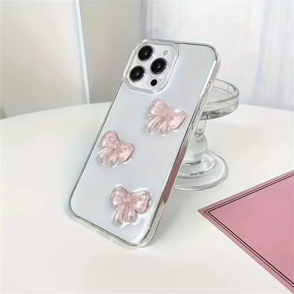 Korean Cute 3D Pink Bowknot Clear Phone Case For iPhone 16 15 14 13 12 11 Pro Max 7 8 Plus X XR XS Shockproof Transparent Cover
