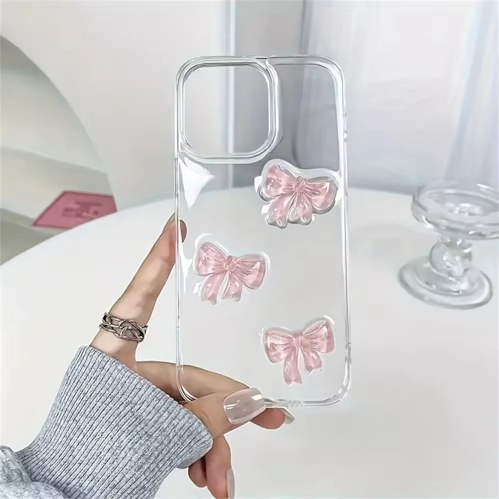 Korean Cute 3D Pink Bowknot Clear Phone Case For iPhone 16 15 14 13 12 11 Pro Max 7 8 Plus X XR XS Shockproof Transparent Cover