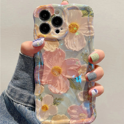 Retro Oil Painting iPhone Case – Luxury Flower Print Shockproof Silicone Cover for iPhone 11–16 Pro Max, Artistic Design