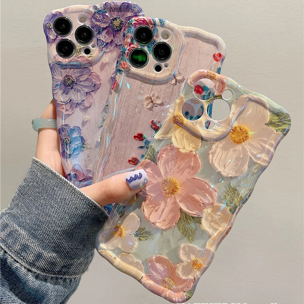 Retro Oil Painting iPhone Case – Luxury Flower Print Shockproof Silicone Cover for iPhone 11–16 Pro Max, Artistic Design