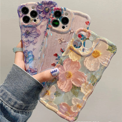 Retro Oil Painting iPhone Case – Luxury Flower Print Shockproof Silicone Cover for iPhone 11–16 Pro Max, Artistic Design