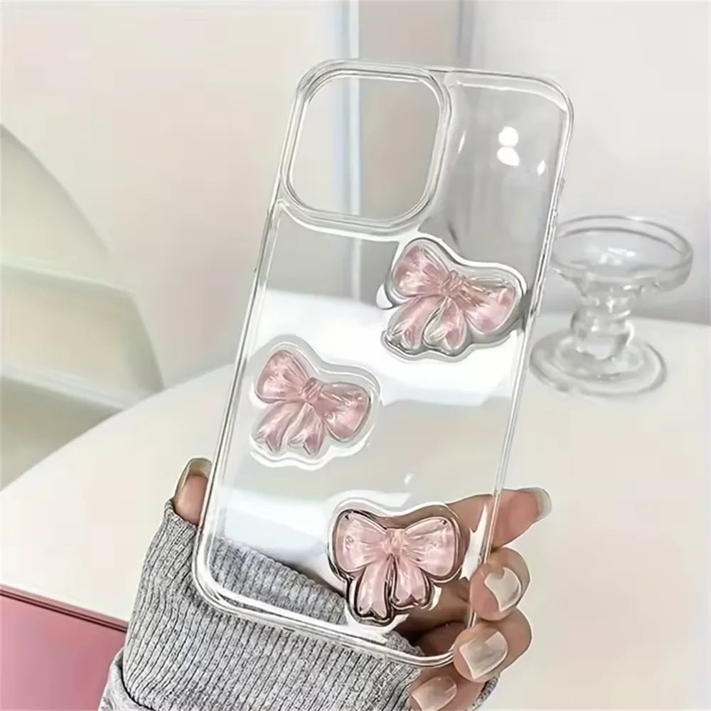 Korean Cute 3D Pink Bowknot Clear Phone Case For iPhone 16 15 14 13 12 11 Pro Max 7 8 Plus X XR XS Shockproof Transparent Cover