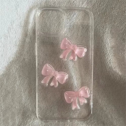 Korean Cute 3D Pink Bowknot Clear Phone Case For iPhone 16 15 14 13 12 11 Pro Max 7 8 Plus X XR XS Shockproof Transparent Cover