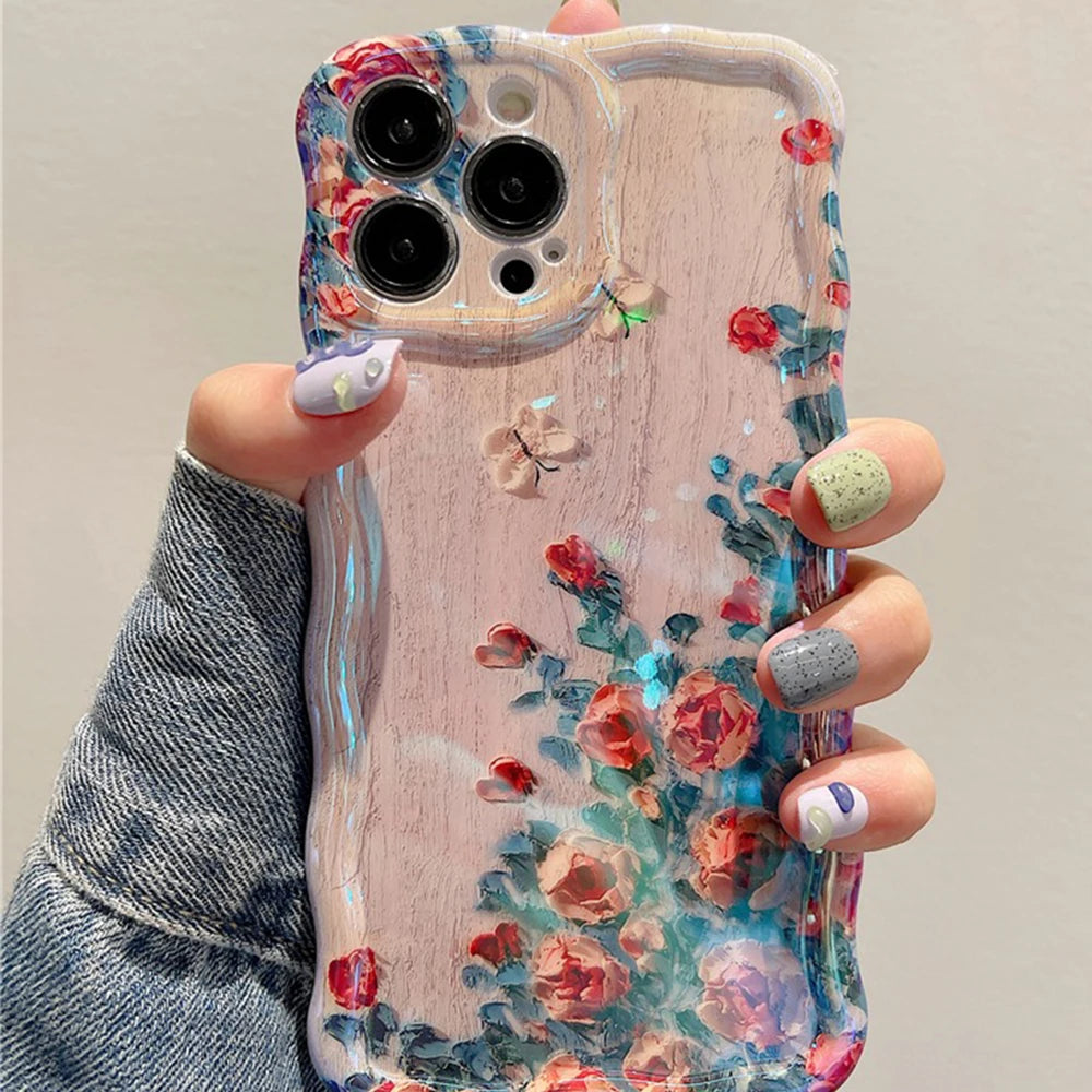 Retro Oil Painting iPhone Case – Luxury Flower Print Shockproof Silicone Cover for iPhone 11–16 Pro Max, Artistic Design
