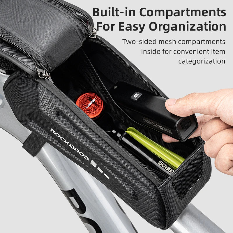 ROCKBROS 1.7L Bike Frame Bag – Waterproof Hard Shell Phone Holder with Touch Screen