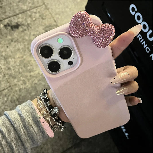 🌸Luxury Rhinestone Bow iPhone Case 🌸 – Litchi Pattern Leather Shockproof Soft Cover for iPhone 7–17 Series, Pro Max, XS, X, Plus