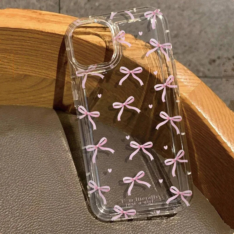 🌸Cute Pink Heart Bow iPhone Case 🌸 – Shockproof Soft Clear Cover for iPhone 11–17 Series, Mini, Pro Max, and Air